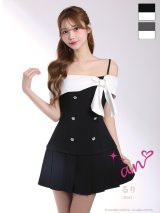 XSサイズあり【an/アン】リボンモチーフ/ バイカラー/ オフショル/ ダブルボタン/ プリーツ/ フレア/ ミニドレス/ キャバドレス[OF05]