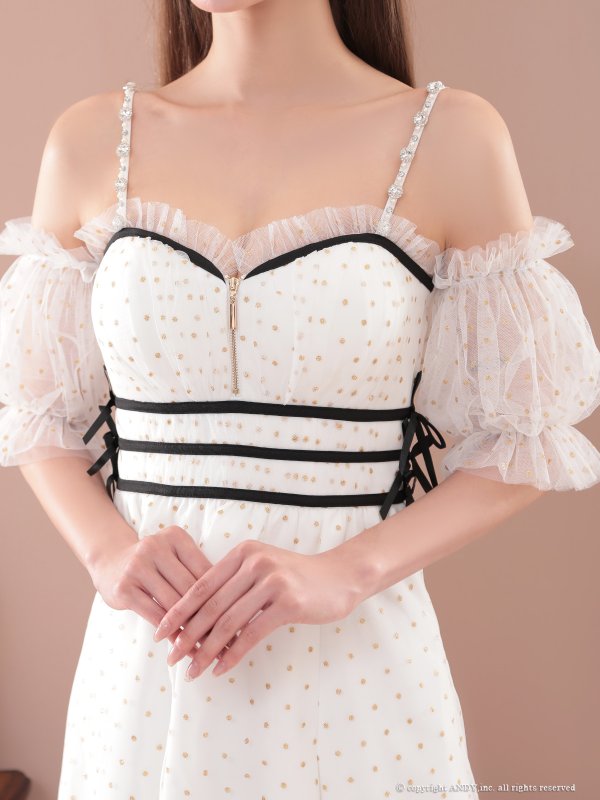 画像12: XSサイズあり【an /アン】ドット柄/ 袖付き/ フリル/ キャミ/ オフショル/ バストジップ/ ラインリボン/ フレア/ ミニドレス/ キャバドレス[OF05]