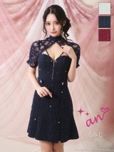 XSサイズあり【an /アン】ビジュー/ ツイード/ バストジップ/ ハーフスリーブ/ シアーレース/ 谷間魅せ/ プリーツ/ フレア/ ミニドレス/ キャバドレス[OF05]