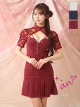 XSサイズあり【an /アン】ビジュー/ ツイード/ バストジップ/ ハーフスリーブ/ シアーレース/ 谷間魅せ/ プリーツ/ フレア/ ミニドレス/ キャバドレス[OF05]