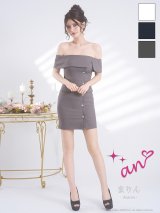 XSサイズあり【an /アン】リボンブローチ付/ オフショル/ ビジューボタン/ タイト/ シンプル/ ワンカラー/ ミニドレス/ キャバドレス[OF05]