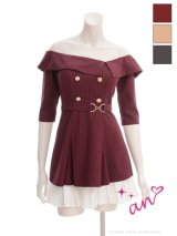 XSサイズあり【an /アン】ベルト/ オフショル/ ハーフスリーブ/ ストライプ/ ボタン/ フレア/ ワンピース/ ミニドレス/ キャバドレス[OF05]