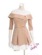 XSサイズあり【an /アン】ベルト/ オフショル/ ハーフスリーブ/ ストライプ/ ボタン/ フレア/ ワンピース/ ミニドレス/ キャバドレス[OF05]