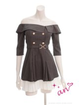 XSサイズあり【an /アン】ベルト/ オフショル/ ハーフスリーブ/ ストライプ/ ボタン/ フレア/ ワンピース/ ミニドレス/ キャバドレス[OF05]