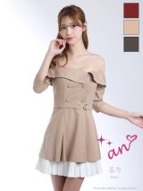 XSサイズあり【an /アン】ベルト/ オフショル/ ハーフスリーブ/ ストライプ/ ボタン/ フレア/ ワンピース/ ミニドレス/ キャバドレス[OF05]