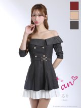 XSサイズあり【an /アン】ベルト/ オフショル/ ハーフスリーブ/ ストライプ/ ボタン/ フレア/ ワンピース/ ミニドレス/ キャバドレス[OF05]