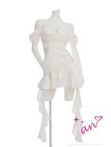 XSサイズあり【an /アン】ラインストーン/ オフショル/ バストカット/ フリルリボン/ フレア/ ミニドレス/ キャバドレス[OF05]