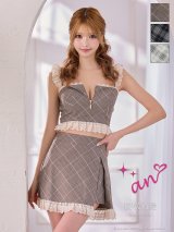 XSサイズあり【an/アン】チェック柄/ レースフリル/ バストジップ/ キャミソール/ アシンメトリー/ セットアップ/ フレア/ ミニドレス/ キャバドレス[OF05]