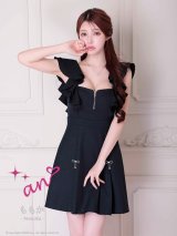 XSサイズあり【an/アン】リボンブローチ付き/ バストジップ/ ショルダーフリル/ ラメ/ バックオープン/ フレア/ ミニドレス/ キャバドレス[OF05]