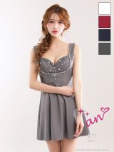 XSサイズあり【an/アン】リボンブローチ付き/ ビジュー/ ノースリーブ/ バストジップ/ レース/ ダイヤ柄/ ストレッチ/ フレア/ ミニドレス/ キャバドレス[OF05]