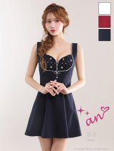 XSサイズあり【an/アン】リボンブローチ付き/ ビジュー/ ノースリーブ/ バストジップ/ レース/ ダイヤ柄/ ストレッチ/ フレア/ ミニドレス/ キャバドレス[OF05]