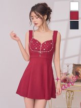 XSサイズあり【an/アン】リボンブローチ付き/ ビジュー/ ノースリーブ/ バストジップ/ レース/ ダイヤ柄/ ストレッチ/ フレア/ ミニドレス/ キャバドレス[OF05]