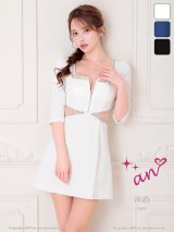 XSサイズあり【an/アン】ラメ/ バストジップ/ スクエアネック/ 五分袖/ ラインストーン/ カットアウト/ Aライン/ フレア/ ミニドレス/ キャバドレス[OF05]
