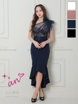 【an /アン】チュールリボン/ ワンショルダー/ シアーレース/ マーメイド/ テールカット/ ワンピース/ ミディアムドレス/ キャバドレス[OF05]