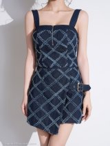 XSサイズあり【an /アン】 ノースリーブ/ チェック柄/ デニム風/ バストジップ/ セットアップ/ 巻きスカート風/ タイト/ ミニドレス/ キャバドレス[OF05]