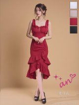 XSサイズあり【an /アン】マーメイド/ ショルダーリボン/ バストジップ/ 2段フリル/ ティアード/ノースリーブ/ アシンメトリー/ ミディアムドレス/ キャバドレス[OF05]