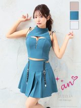 XSサイズあり【an/アン】飾りベルト/ セットアップ/ バストジップ/ プリーツ/ ショルダーリボン/ フレア/  ミニドレス/ キャバドレス[OF05]