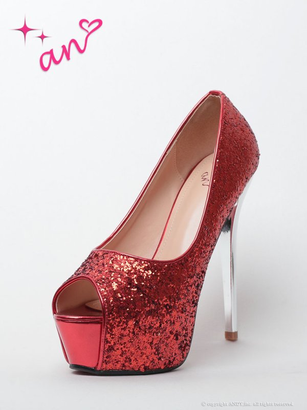 【an】5color/ 14.5cmヒール/ グリッター/ ハイヒール/ ピンヒール/ オープントゥパンプス [OF02]　レッド
