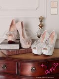 【an】2color/ 14cmヒール/ チュールリボン/ ラインストーン/ レース/ シアー/ ハイヒール/ ピンヒール/ オープントゥパンプス [OF02]