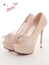 【an】2color/ 14cmヒール/ チュールリボン/ ラインストーン/ レース/ シアー/ ハイヒール/ ピンヒール/ オープントゥパンプス [OF02]