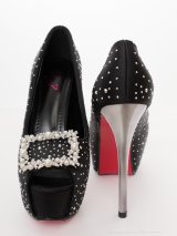 【an】4color/ 14cmヒール/ パール/ ラインストーン/ ビジュー/ スクエアモチーフ/ ハイヒール/ ピンヒール/ オープントゥパンプス [OF02]