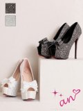 【an】2color/ 14cmヒール/ リボン/ グリッター/ ラメ/ ハイヒール/ ピンヒール/ オープントゥパンプス [OF02]