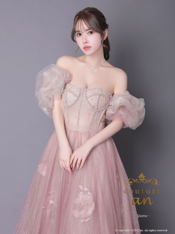 ANDY Fashion Press vol.17 掲載商品【couture an/クチュールアン】 グラデーション/ フラワー/ オフショル/ ラメチュール/ ビジュー/ フレア/ Aライン/ プリンセス/ ロングドレス/ キャバドレス long　ピンク