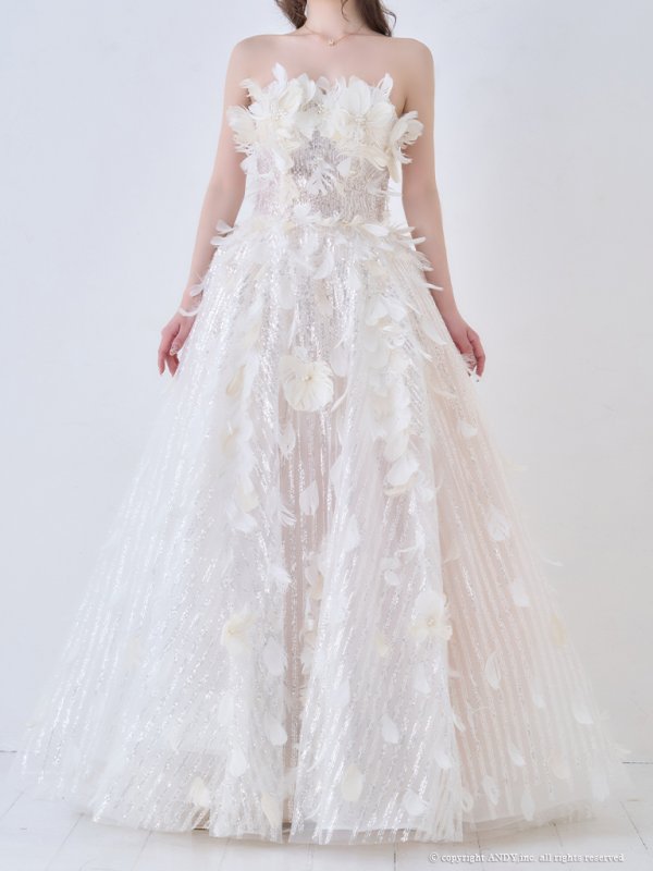 画像7: 【couture an/クチュールアン】ベア/ フェザーフラワー/ パール/ フレア/ Aライン/ プリンセス/ ロングドレス/ キャバドレス long[OF05]