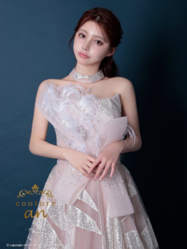 画像3: 【couture an/クチュールアン】フェザー/ オフショル/チュール/ ピンクベージュ/ シアー/ Aライン/ ロングドレス/ エレガント/ フェミニンパーティードレス/ キャバドレス long[OF05]