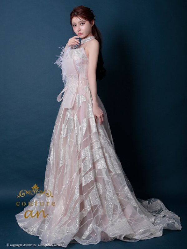 画像5: 【couture an/クチュールアン】フェザー/ オフショル/チュール/ ピンクベージュ/ シアー/ Aライン/ ロングドレス/ エレガント/ フェミニンパーティードレス/ キャバドレス long[OF05]