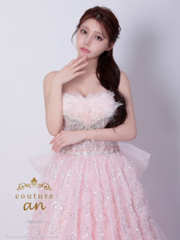 画像3: 【couture an/クチュールアン】フェザー/ オフショル/スパンコール/ ピンクドレス/ ビジュー/ プリンセスライン/ シアー/ ロングドレス/ フェミニン/キャバドレス long[OF05]