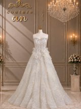 【couture an/クチュールアン】ベアトップ/ 立体フラワー/ シアー/ ビジュー/ 刺繍/ フレア/ Aライン/ プリンセス/ バースデー/ ウェディングドレス/ ロングドレス/ キャバドレス long[OF05]