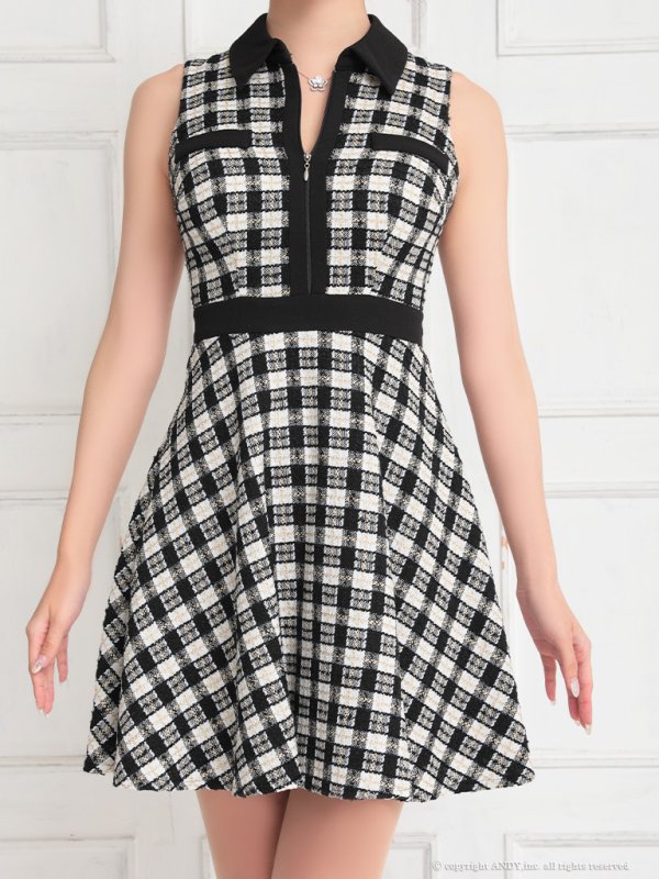 画像25: 【an/アン】ツイード/ 襟付き/ ジップ/ ラインデザイン/ ノースリーブ/ フレア/ ミニドレス/ キャバドレス[OF05]