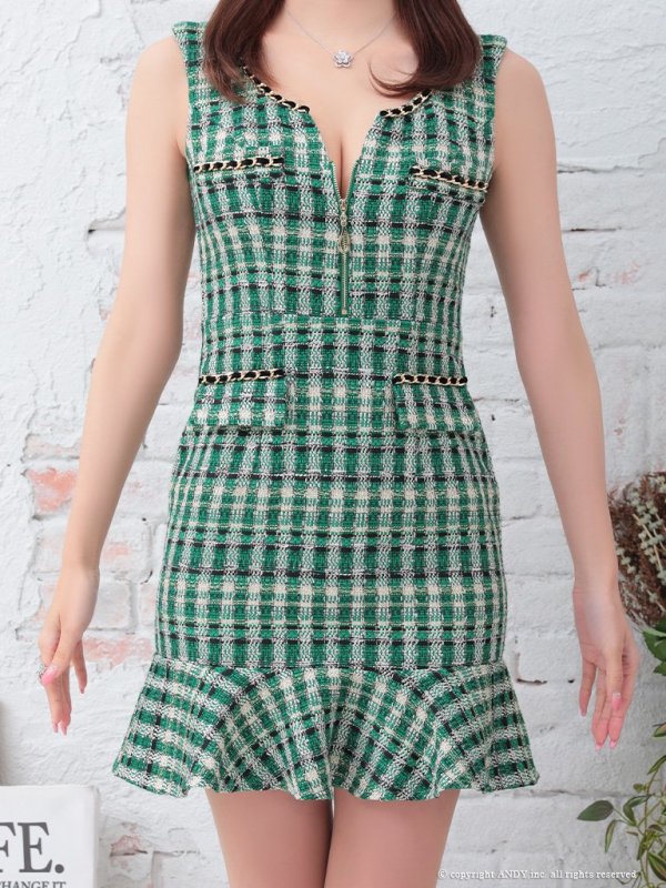画像4: 【an/アン】チェックツイード/ ノースリーブ/ フロントジップ/ 裾フリル/ タイト/ ミニドレス/ キャバドレス[OF05]