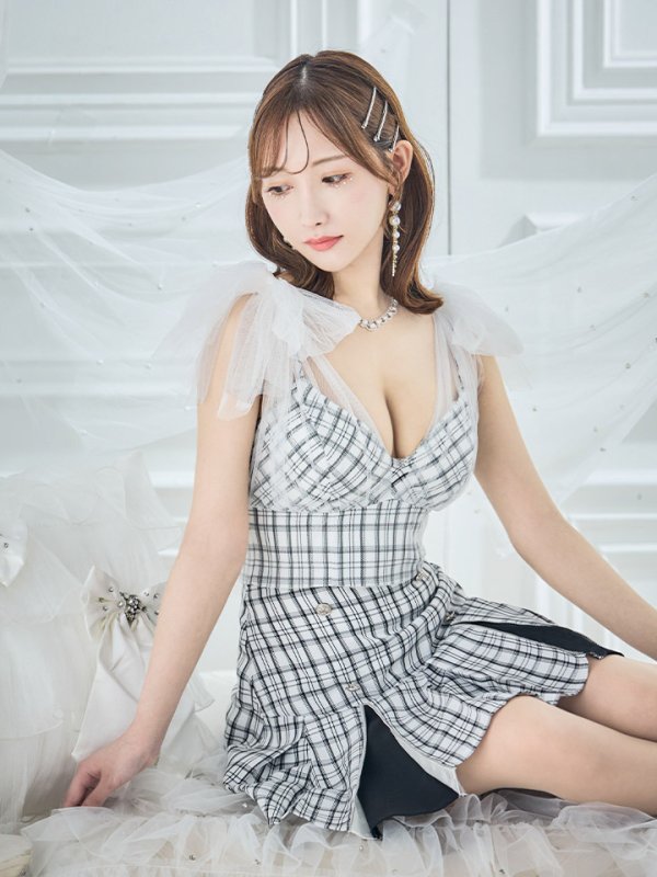 画像16: 【りょうか/関西コレクション着用】【an /アン】チェック柄/ ショルダーリボン/ チュール/ Aライン/ セットアップ/ ミニドレス/ キャバドレス[OF05]
