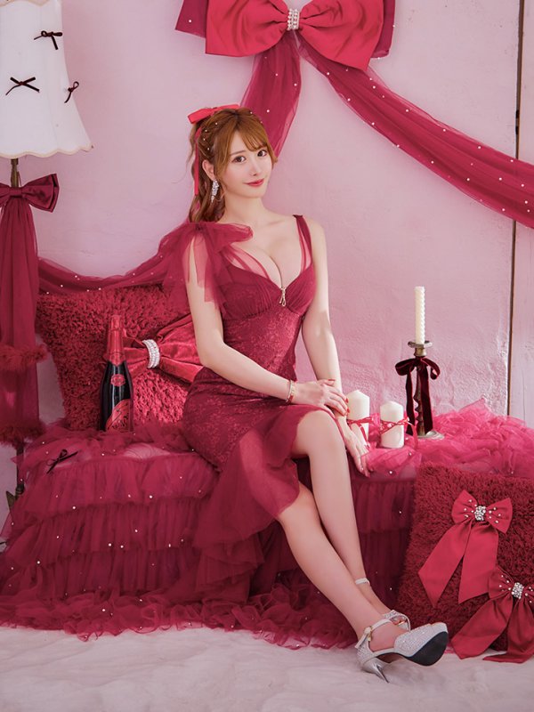 画像17: 【ゆうめろ/関西コレクション着用】XSサイズあり【an /アン】マーメイド/ チュール/ シフォン/ ショルダーリボン/ フリル/ テールカット/ ミディアムドレス/ キャバドレス[OF05]