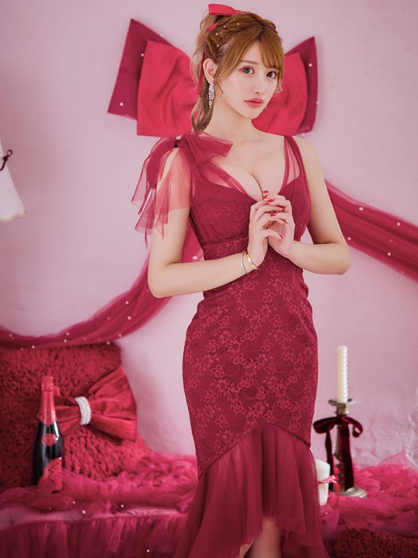 画像5: 【ゆうめろ/関西コレクション着用】XSサイズあり【an /アン】マーメイド/ チュール/ シフォン/ ショルダーリボン/ フリル/ テールカット/ ミディアムドレス/ キャバドレス[OF05]