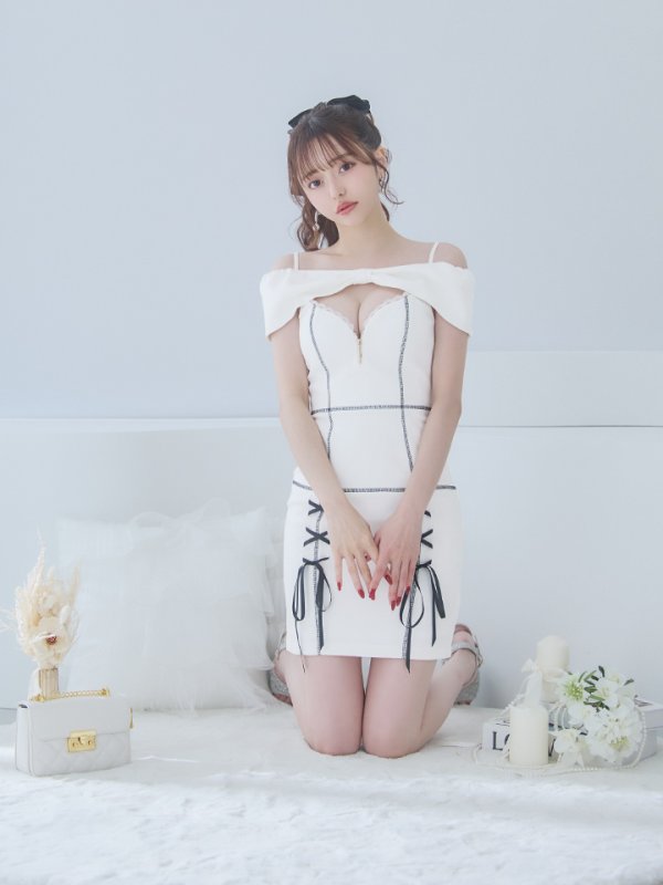 画像12: XSサイズあり【an /アン】 リボンモチーフ/ オフショルダー/ バストジップ/ キャミソール/ バイカラー/ タイト/ ミニドレス/ キャバドレス[OF05]