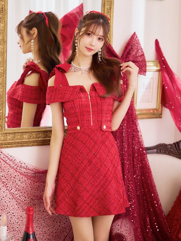 画像12: 【さんご/関西コレクション着用】XSサイズあり【an/アン】チェック柄/ オフショルダー/ ショルダーリボン/ フロントジップ/ Aライン/ フレア/ ミニドレス/ キャバドレス[OF05]