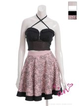 【an /アン】 ストラップ付/ セットアップ/ バストジップ/ ベア/ バイカラー/ フレア/ 花柄レース/ ミニドレス/ キャバドレス[OF05]