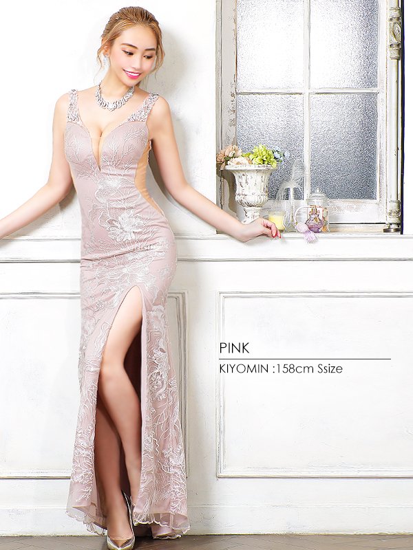 【Angel R/エンジェルアール】レース刺繍/ デザインビジュー /タイト/ ロングドレス/ キャバドレス long ピンク
