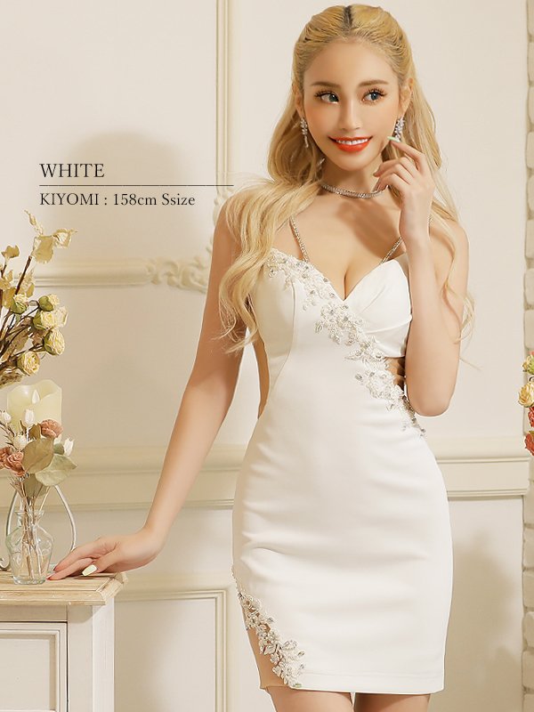 画像6: XSサイズあり【ANGEL R/エンジェルアール】アシンメトリー/ フラワーパールビジュー/ ショルダービジ/ タイト/ ミニドレス/ キャバドレス[OF2]