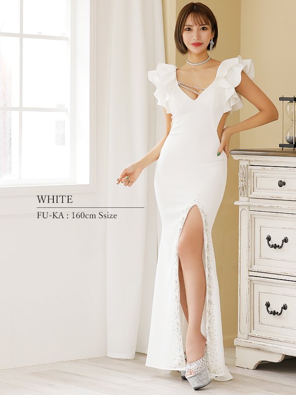 画像4: 【ANGEL R/エンジェルアール】ショルダーフリル/ フリル/ チェーンビジュー/ スリット/ タイト/ ロングドレス/ キャバドレス long[OF2]