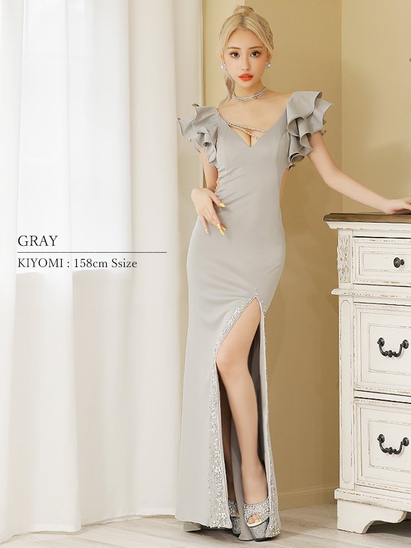 画像12: 【ANGEL R/エンジェルアール】ショルダーフリル/ フリル/ チェーンビジュー/ スリット/ タイト/ ロングドレス/ キャバドレス long[OF2]