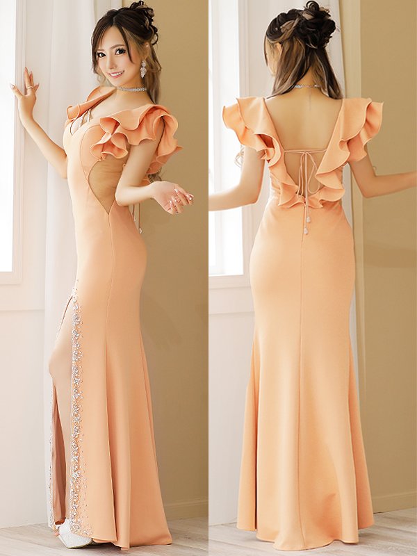 画像8: 【ANGEL R/エンジェルアール】ショルダーフリル/ フリル/ チェーンビジュー/ スリット/ タイト/ ロングドレス/ キャバドレス long[OF2]