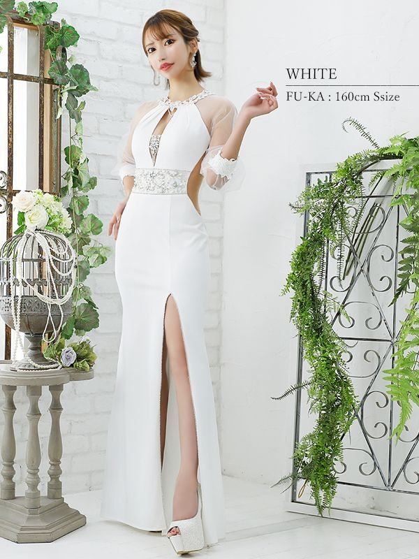 画像5: 【ANGEL R/エンジェルアール】長袖/ 袖あり/ アメスリ/ フラワーデザイン/ パール/ ビジュー/ スリット/ ストレッチ/ タイト/ ロング/ キャバドレスlong[OF2]