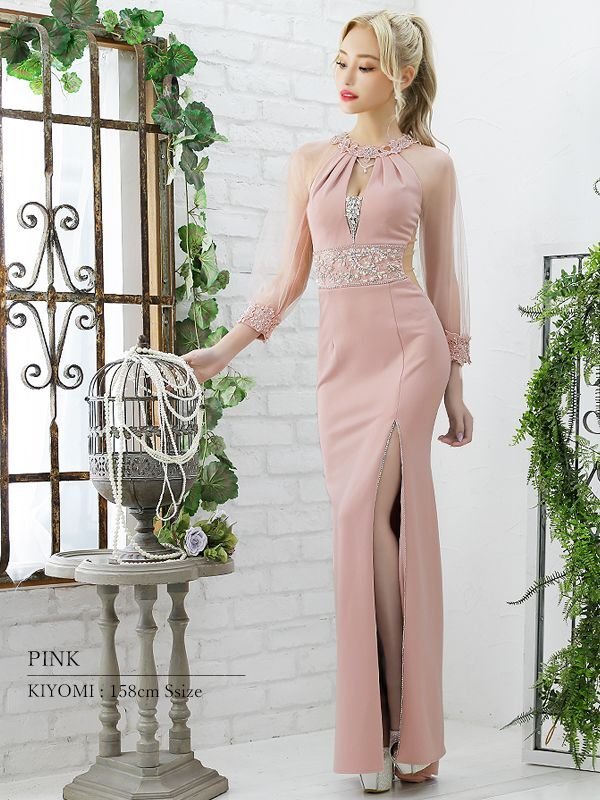 画像6: 【ANGEL R/エンジェルアール】長袖/ 袖あり/ アメスリ/ フラワーデザイン/ パール/ ビジュー/ スリット/ ストレッチ/ タイト/ ロング/ キャバドレスlong[OF2]