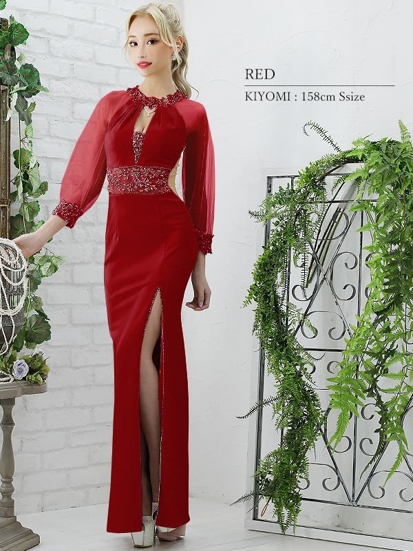 画像7: 【ANGEL R/エンジェルアール】長袖/ 袖あり/ アメスリ/ フラワーデザイン/ パール/ ビジュー/ スリット/ ストレッチ/ タイト/ ロング/ キャバドレスlong[OF2]