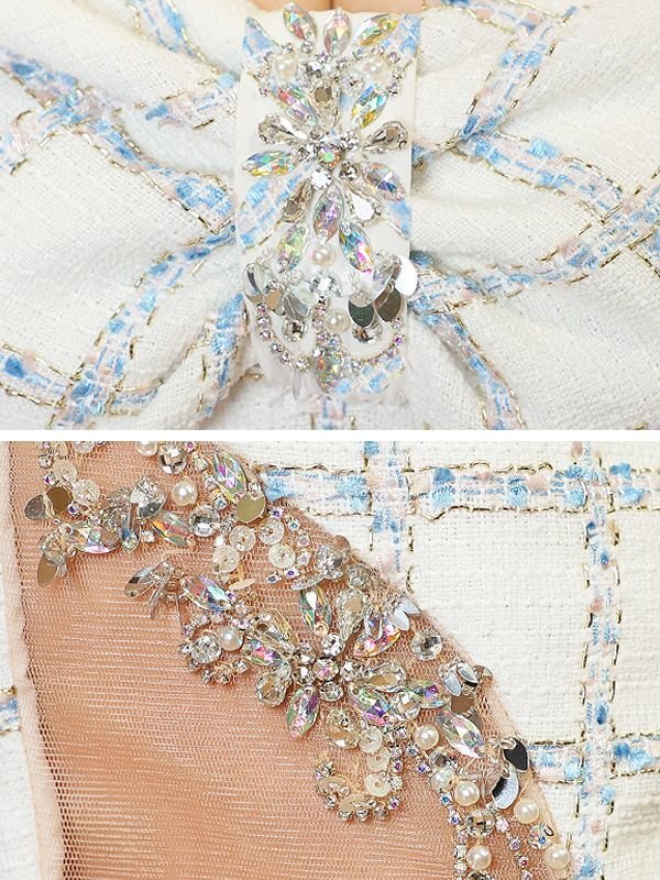 画像8: XSサイズあり【ANGEL R/エンジェルアール】オフショルダー/ ラメチェックツイード/ ビジューリボン/ タイト/ ミニドレス/ キャバドレス[OF2]