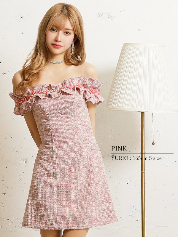 画像26: XSサイズあり【ANGEL R/エンジェルアール】ツイード/ ビジュー/ フリル/ オフショルダー/ フレア/ミニドレス/ キャバドレス[OF2]